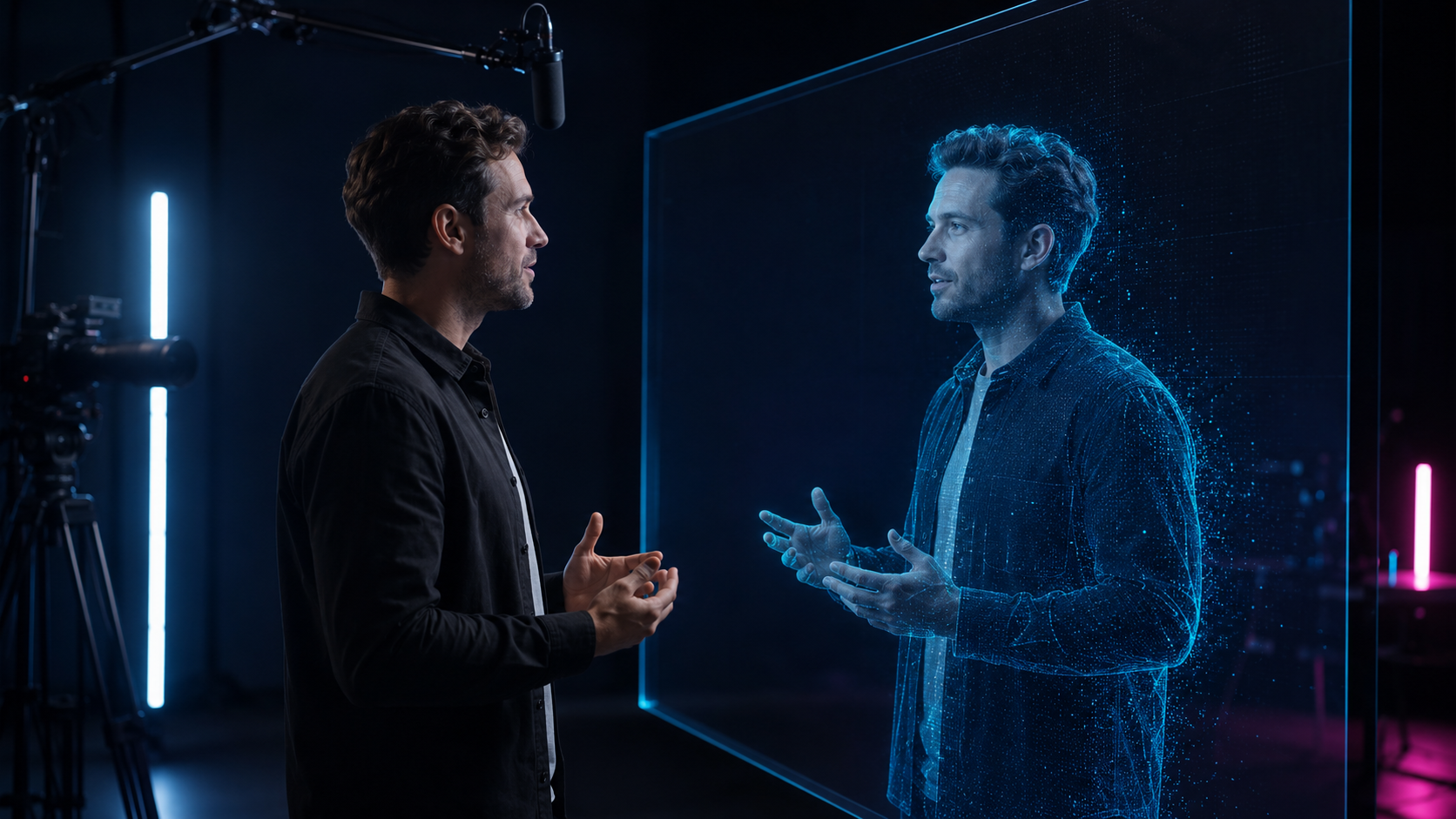 A presenter facing a clearly digital AI twin in a professional capture studio