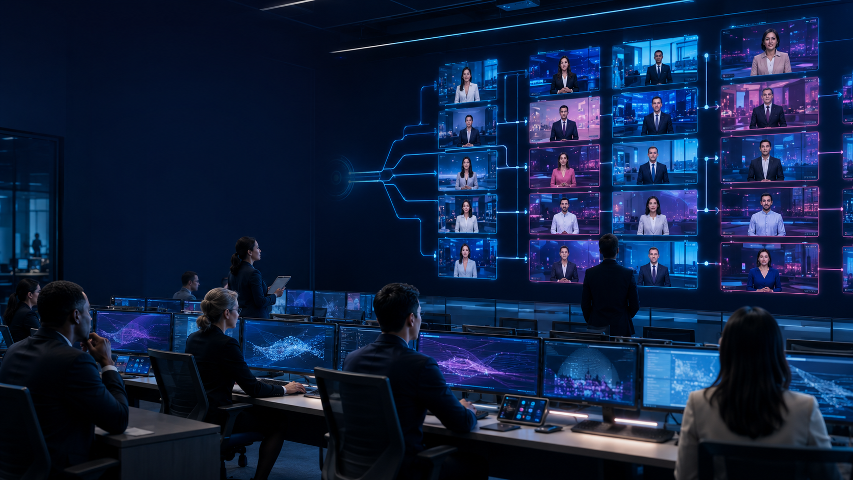 A communications team managing multilingual AI video production at national scale