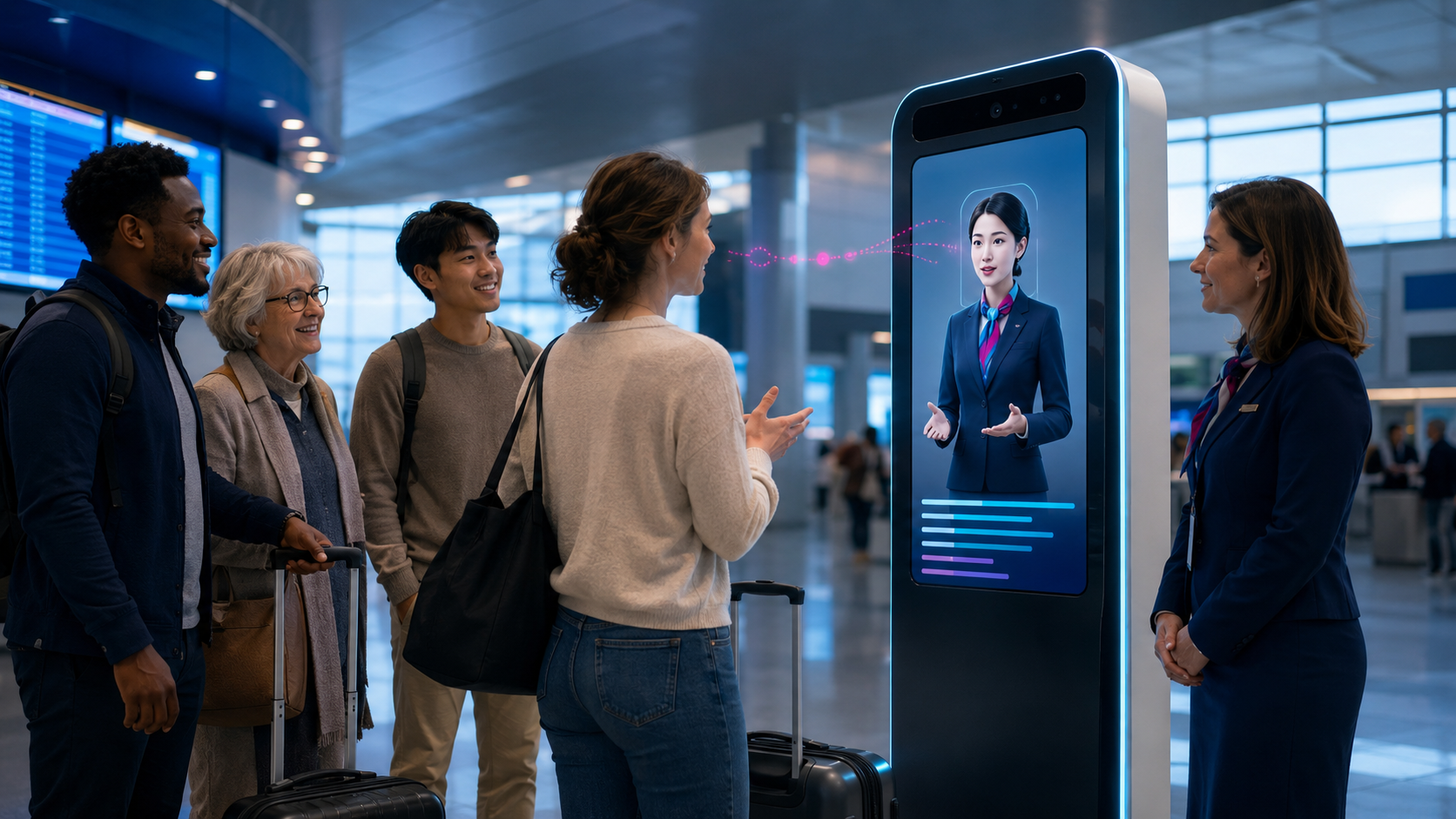 Travellers using a multilingual real-time AI avatar at an accessible airport kiosk