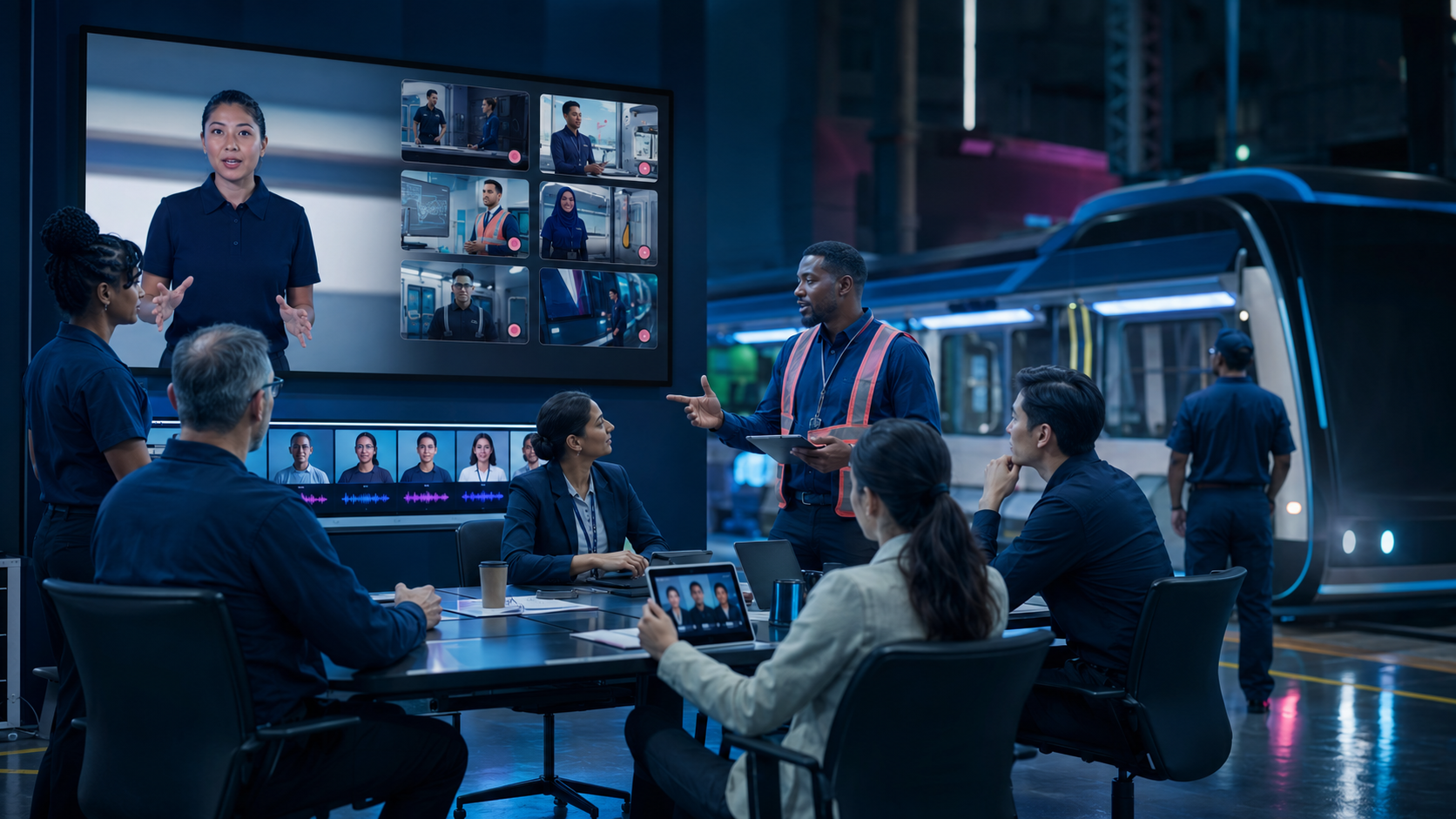 A diverse workforce learning team using AI video in a transit training environment