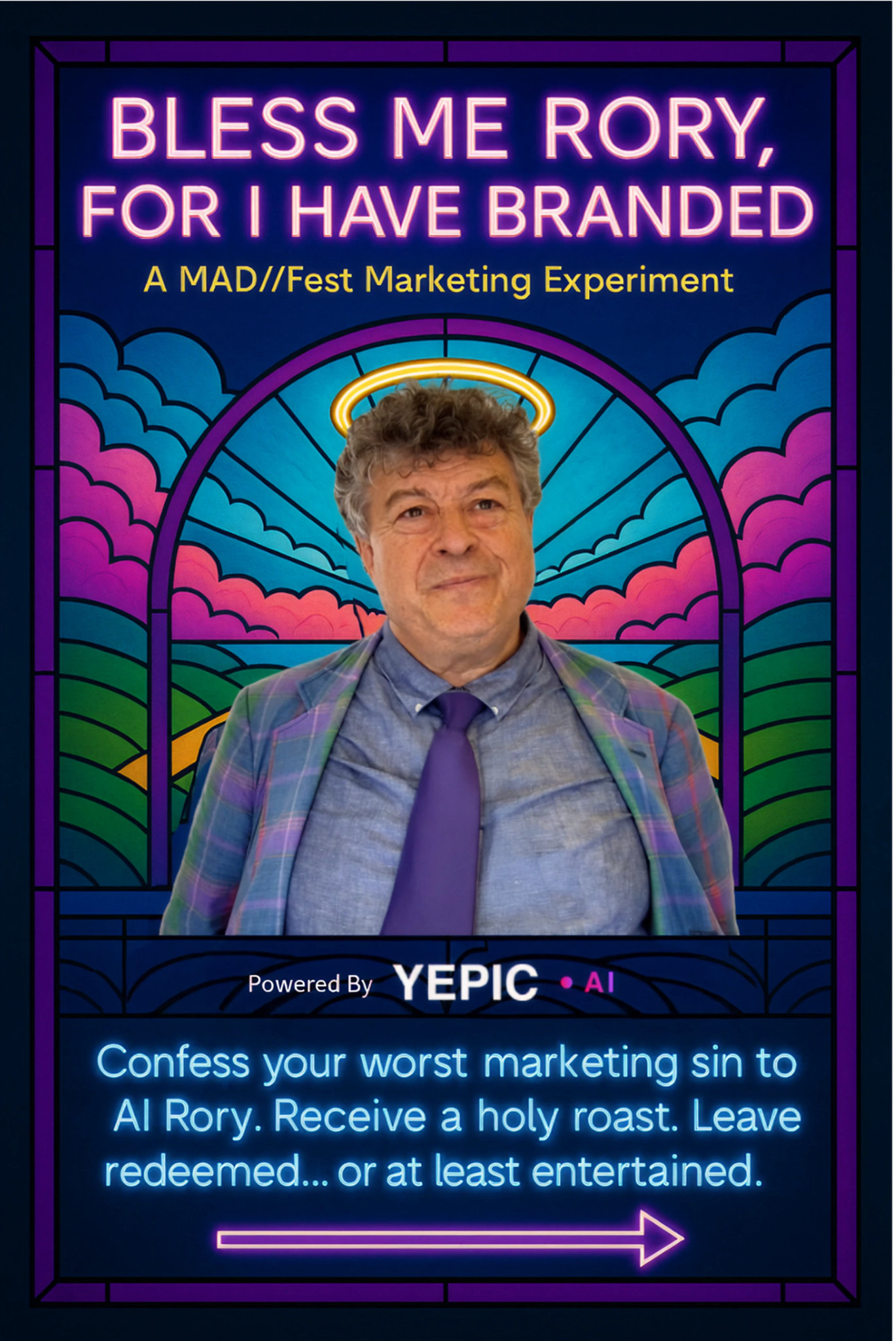 Bless Me Rory For I Have Branded campaign flyer for the MADFest AI experience