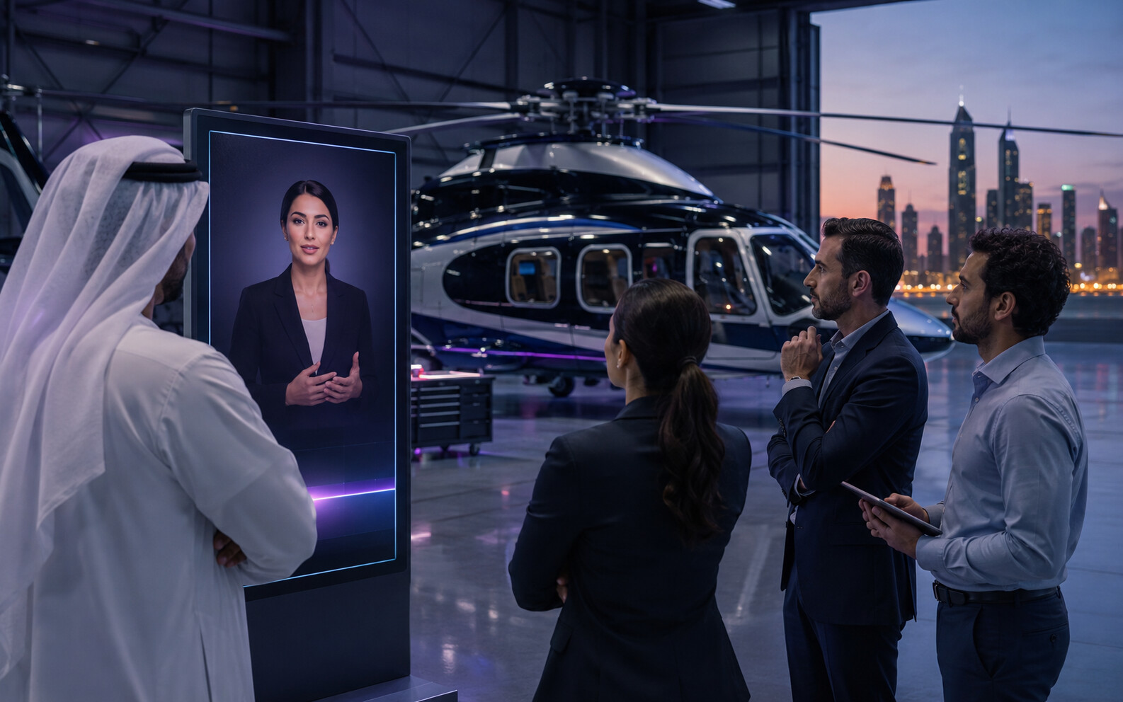Conceptual visualisation of an enterprise AI avatar operating in an Abu Dhabi aviation hangar