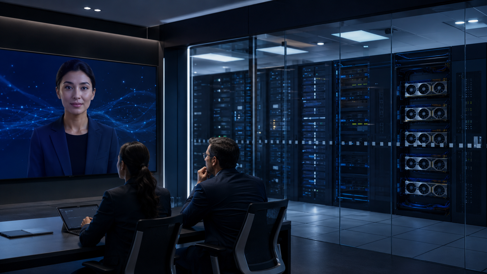Bank technology architects reviewing a real-time AI avatar connected to customer-controlled GPU servers inside a secure data centre.