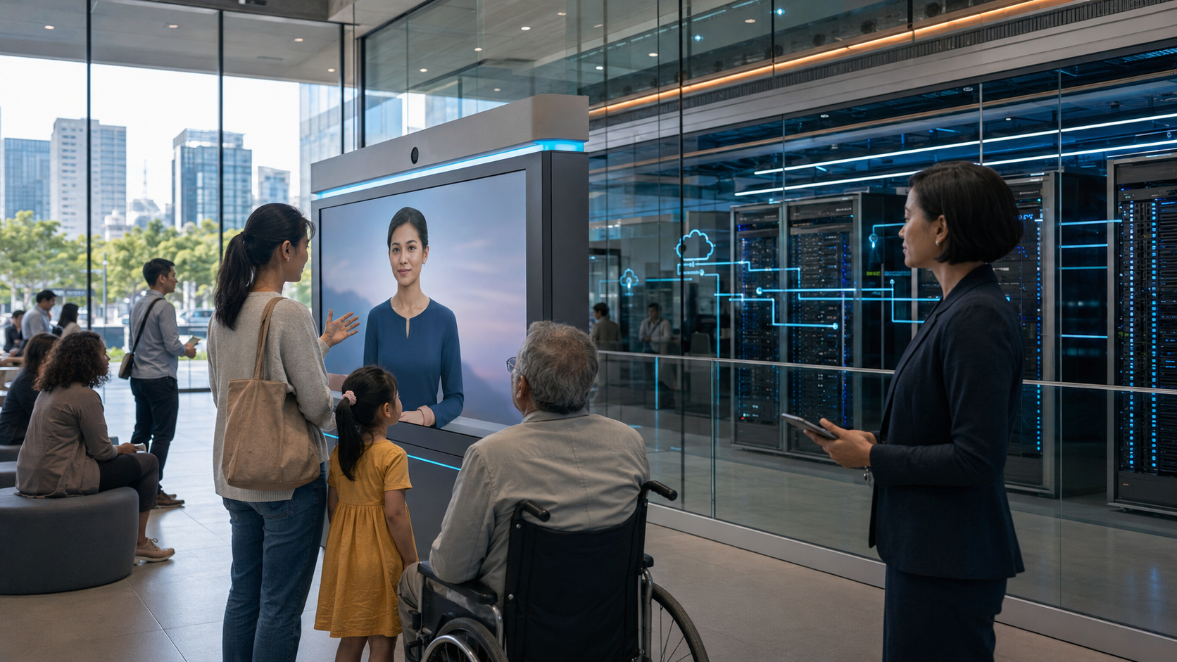 Citizens using a multilingual AI avatar in a public-service centre beside secure, nationally controlled computing infrastructure.