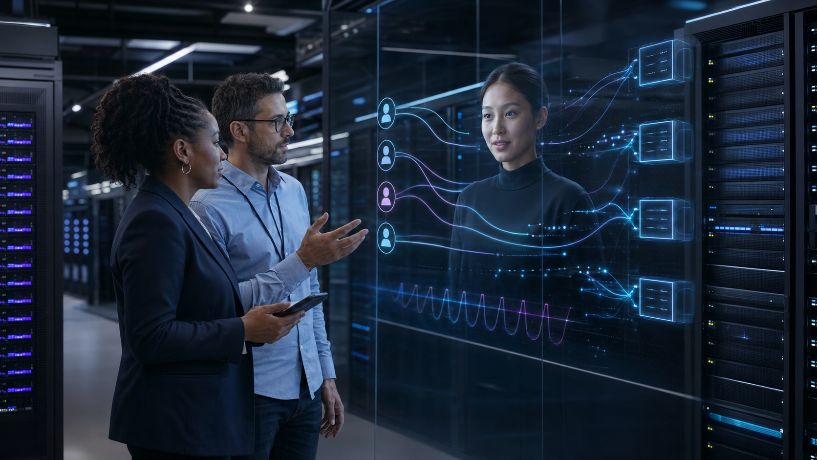 Enterprise architects reviewing real-time AI avatar workloads across private GPU servers