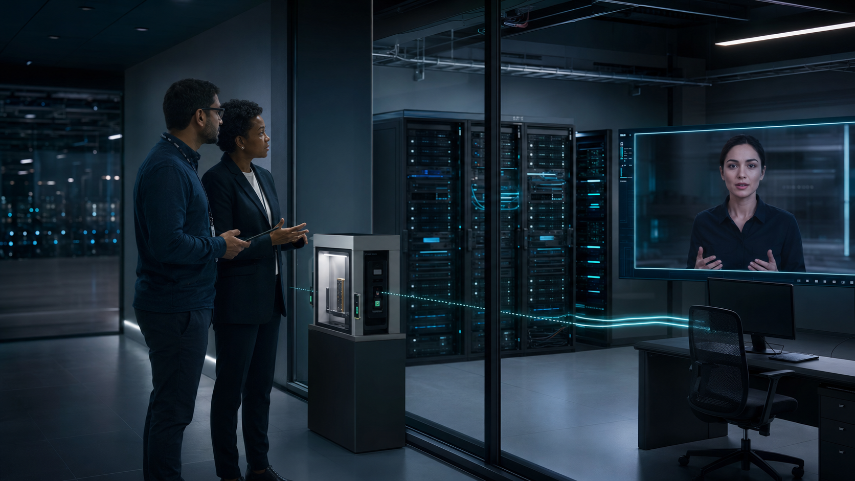 Security architects reviewing an AI avatar running on isolated local GPU infrastructure