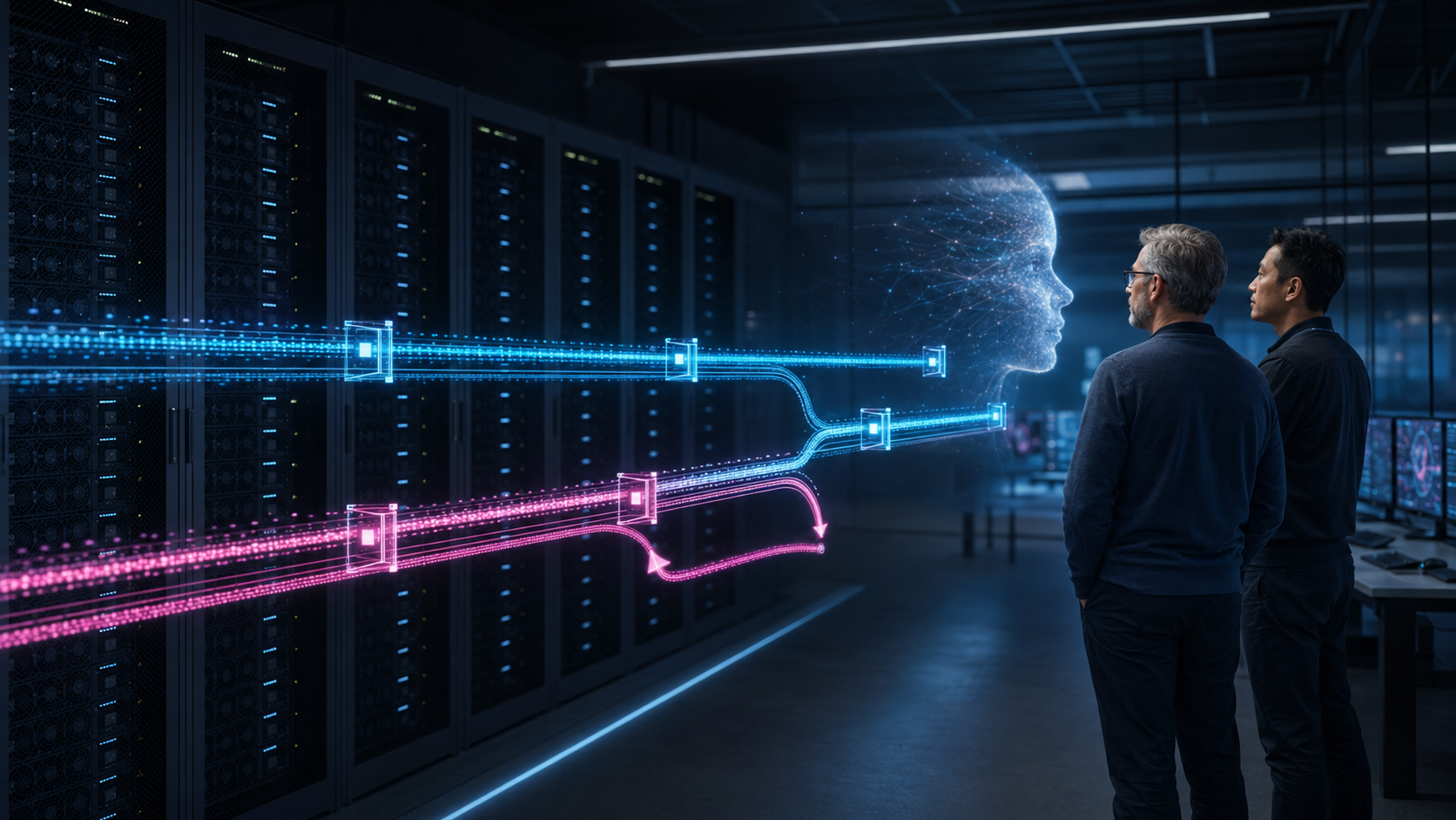 Infrastructure engineers reviewing a controlled AI avatar release and rollback across private GPU servers