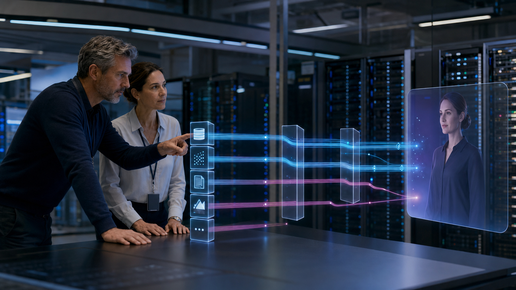 Security and data-governance leaders reviewing permission-aware knowledge retrieval for a private AI avatar