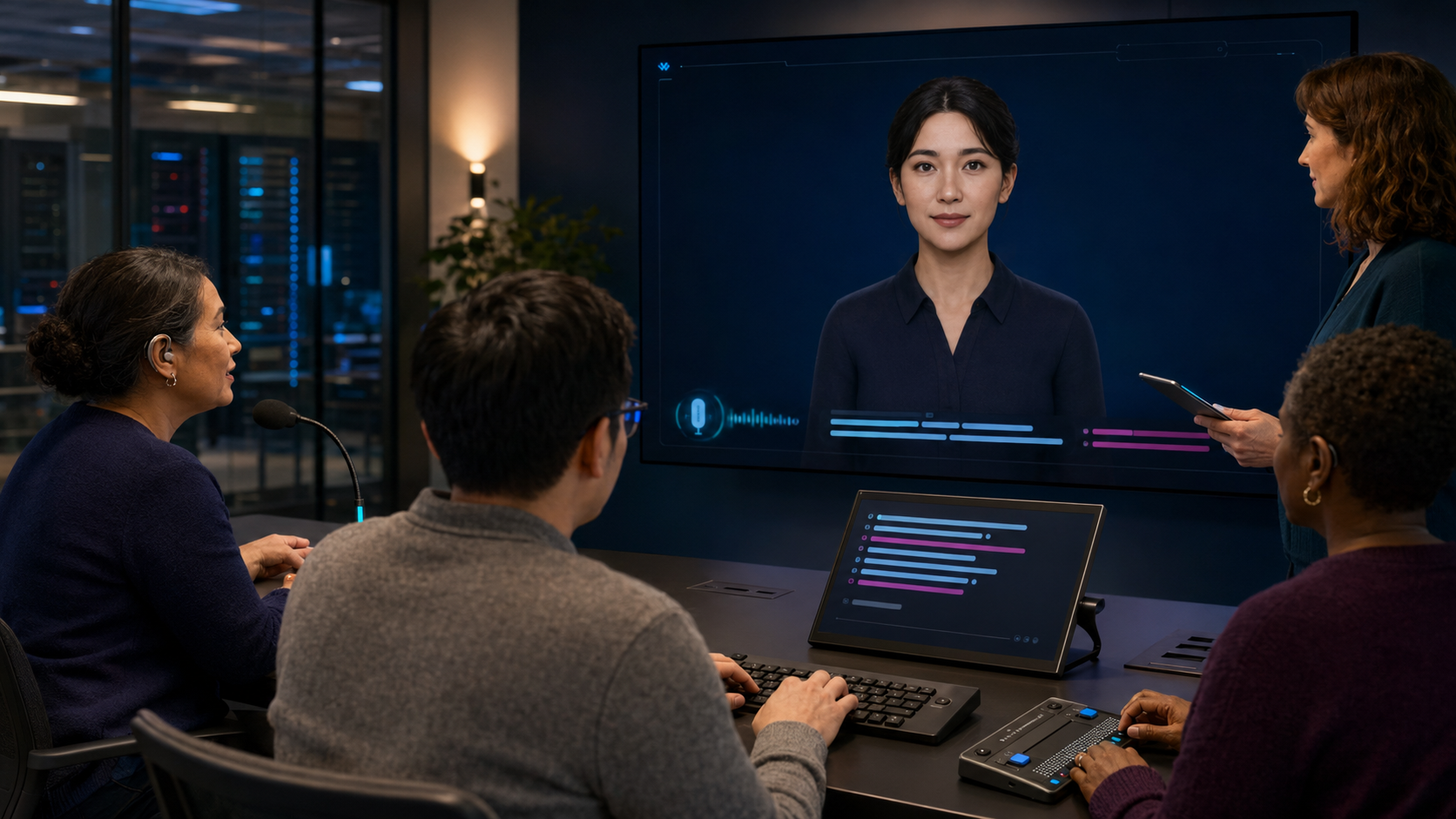 A diverse group tests a private AI avatar using voice, keyboard, live captions and a braille display