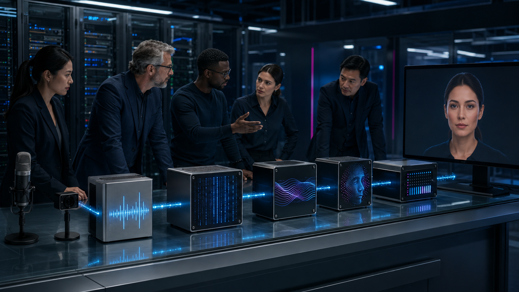 Enterprise architects reviewing separate private modules for speech, reasoning, voice and AI avatar rendering