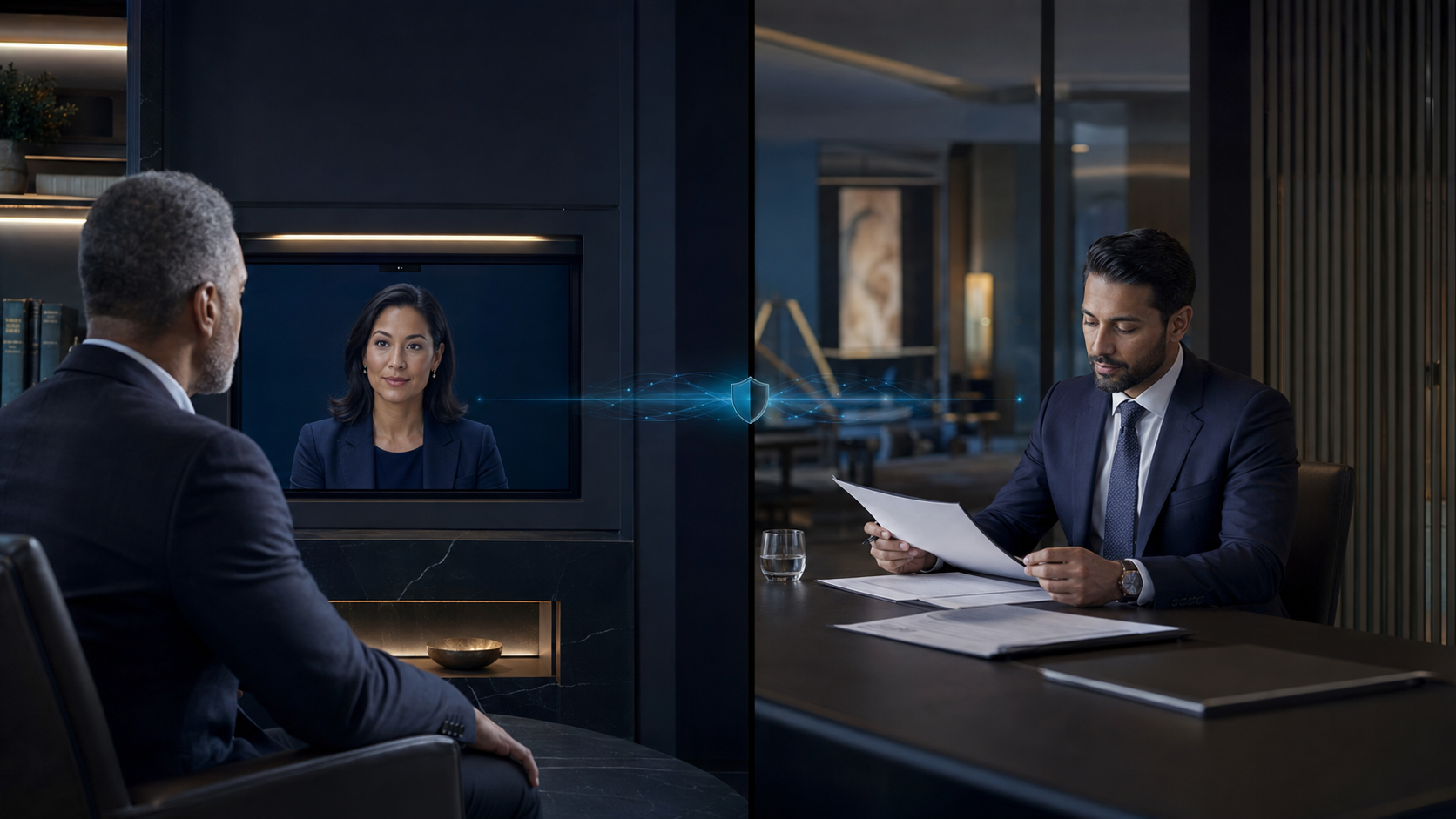 Wealth-management specialists reviewing a private AI avatar before handing a sensitive client conversation to a human adviser
