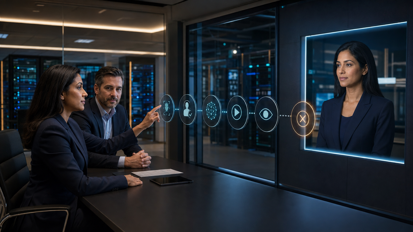 A professional authorises her digital likeness while an enterprise team reviews its consent, provenance and revocation controls