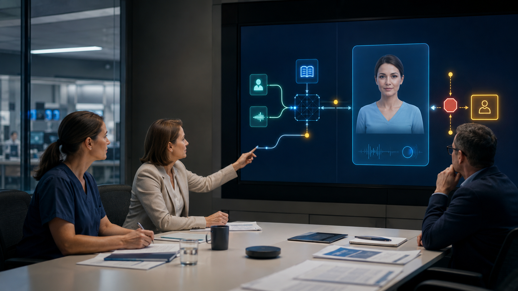 Clinical, safety and technology leaders reviewing the escalation path and hazard controls for a healthcare AI avatar