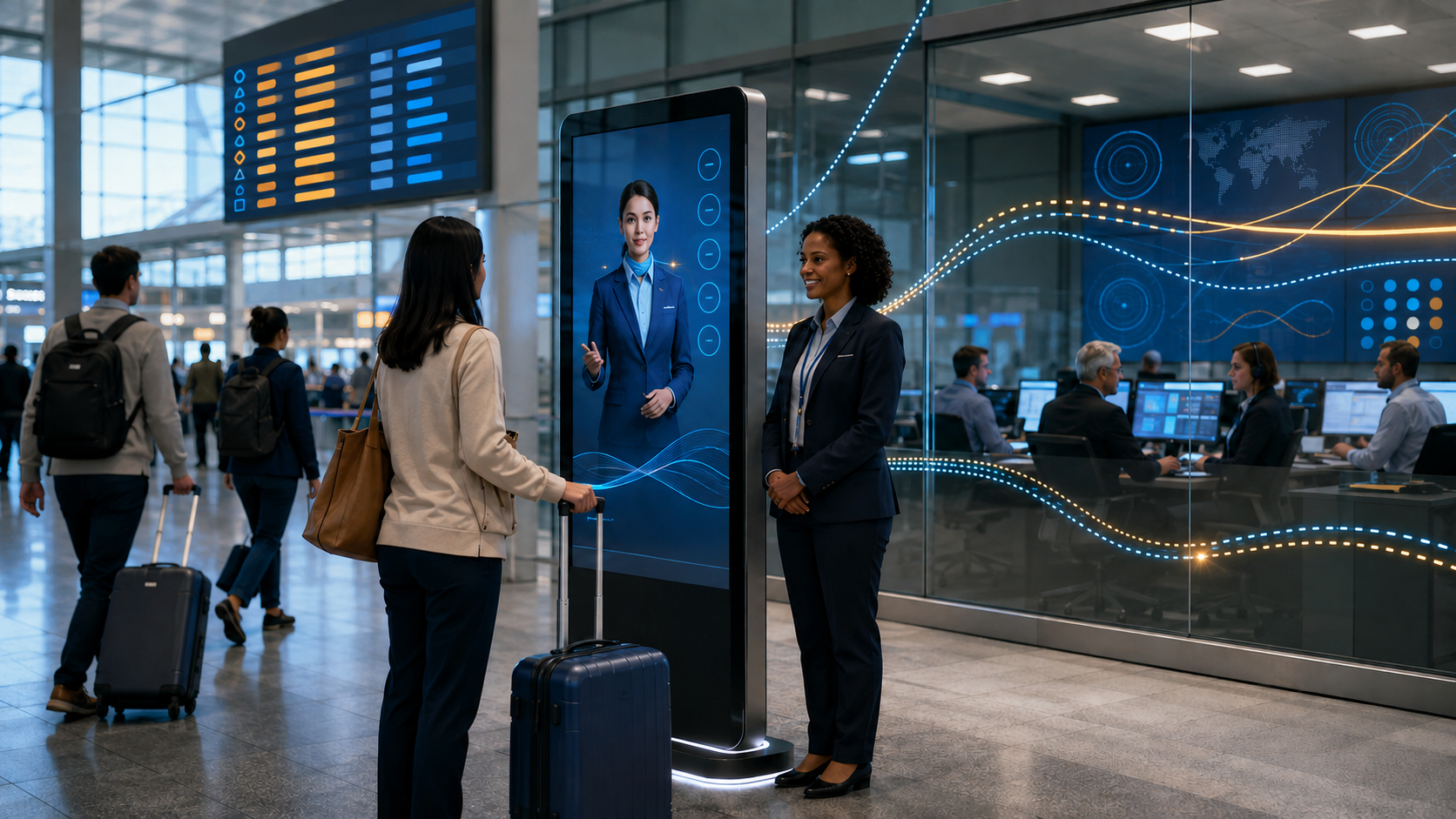 Passenger using an airport AI avatar while an assistance colleague and operations team oversee live disruption information