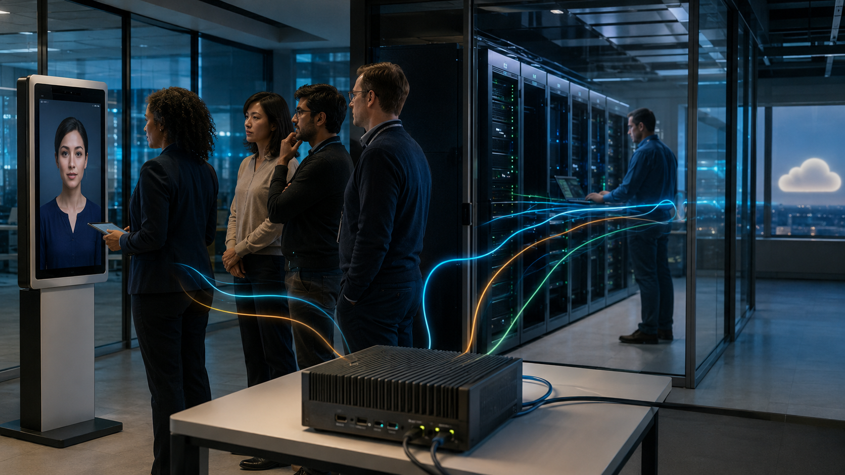 Enterprise architects review an AI avatar split across a kiosk, local edge appliance and private GPU data centre