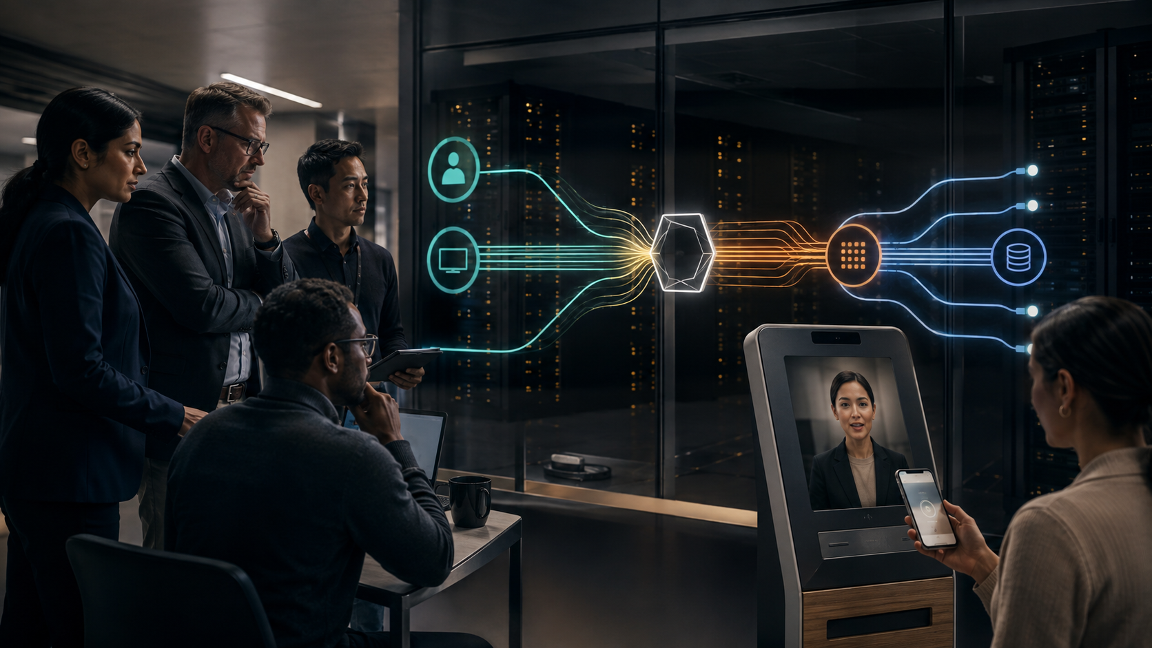 Enterprise architects review four identity paths linking a user, device, AI avatar workload and protected services through a policy gate.