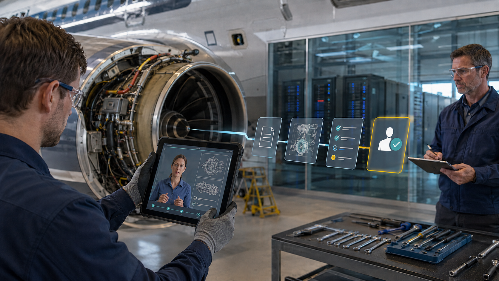 An aircraft technician consults an AI avatar beside an open engine while a maintenance supervisor controls the approval step.