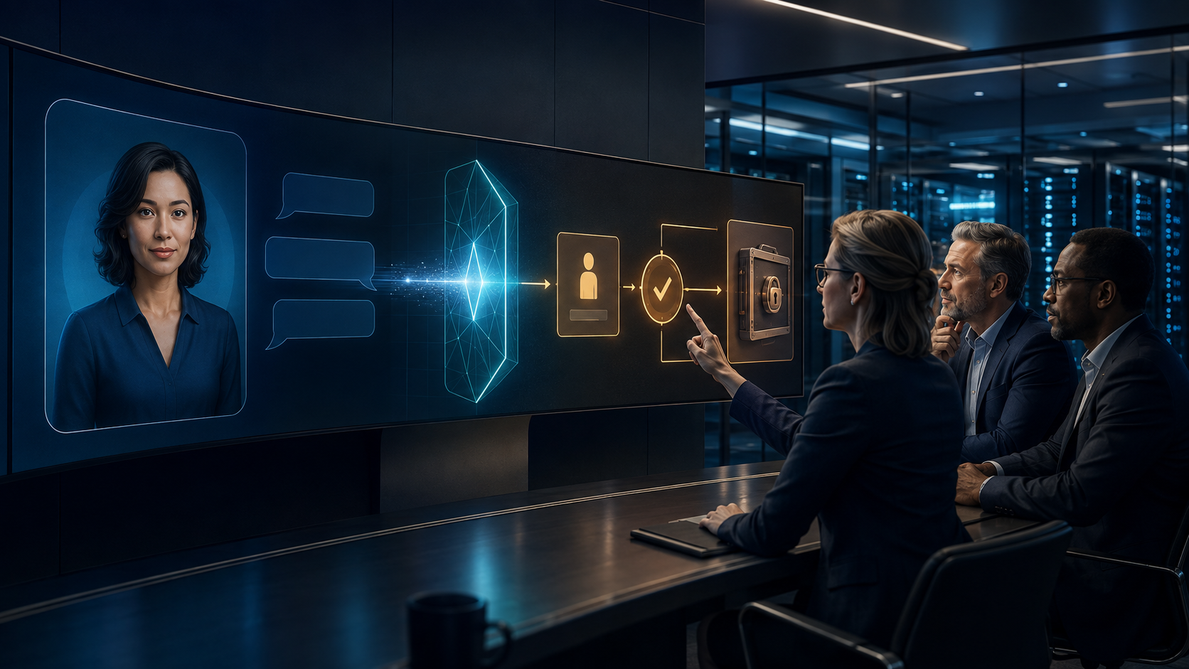 Bank architecture and risk team reviewing an AI avatar separated from a secure transaction approval gateway