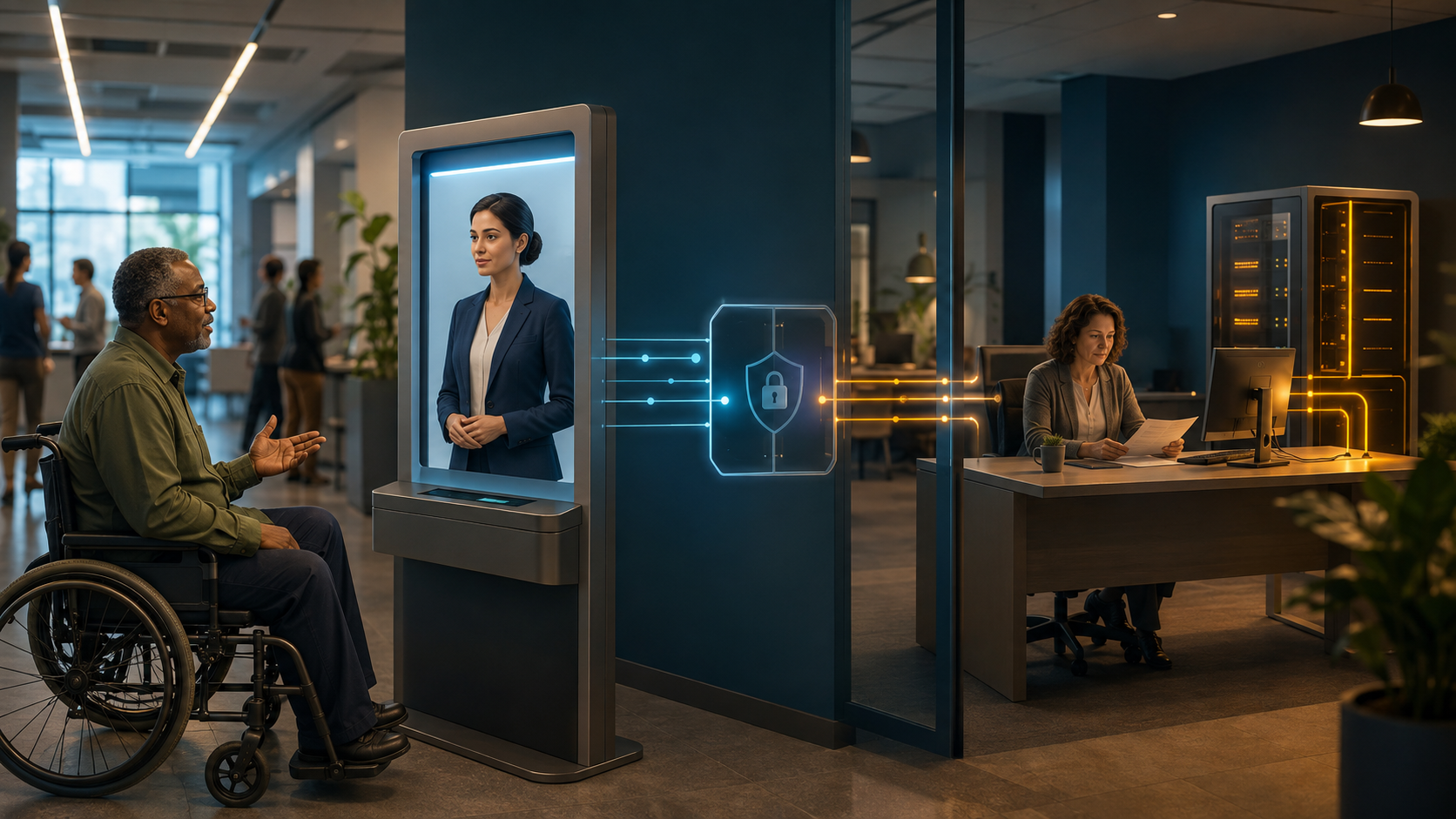 A citizen using a government AI avatar while a separate human caseworker reviews information inside protected infrastructure