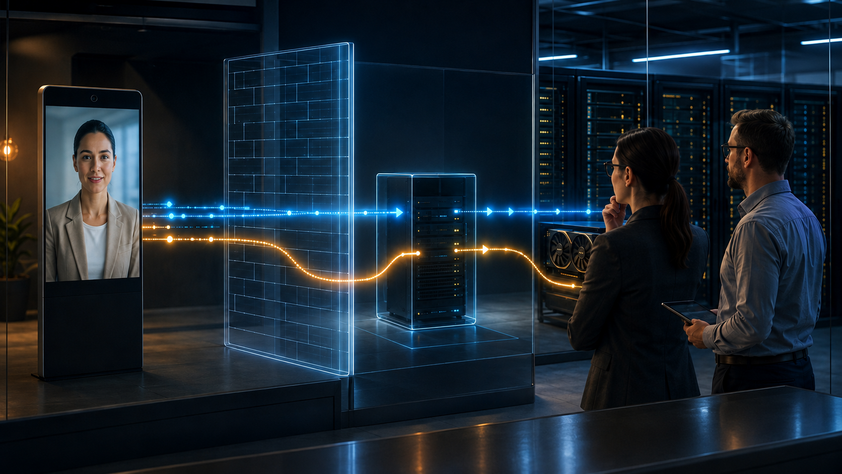 Network architects reviewing direct and relayed media paths between an AI avatar kiosk, enterprise firewall and private GPU infrastructure