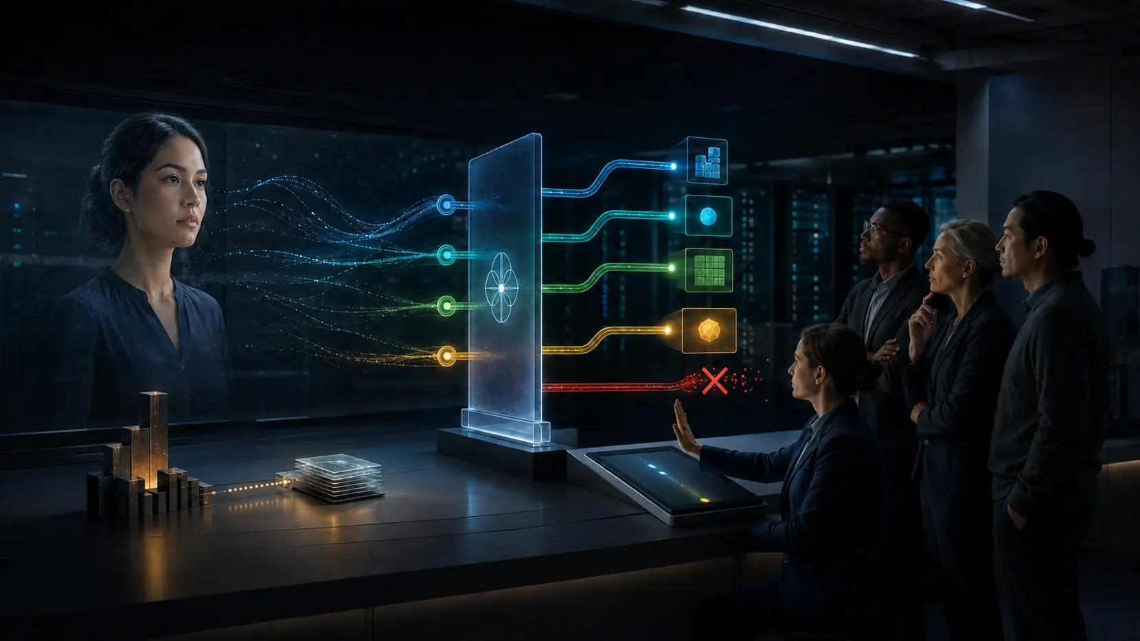 Enterprise architects review a real-time AI avatar whose tool calls pass through a governed action gateway with approved and blocked paths.