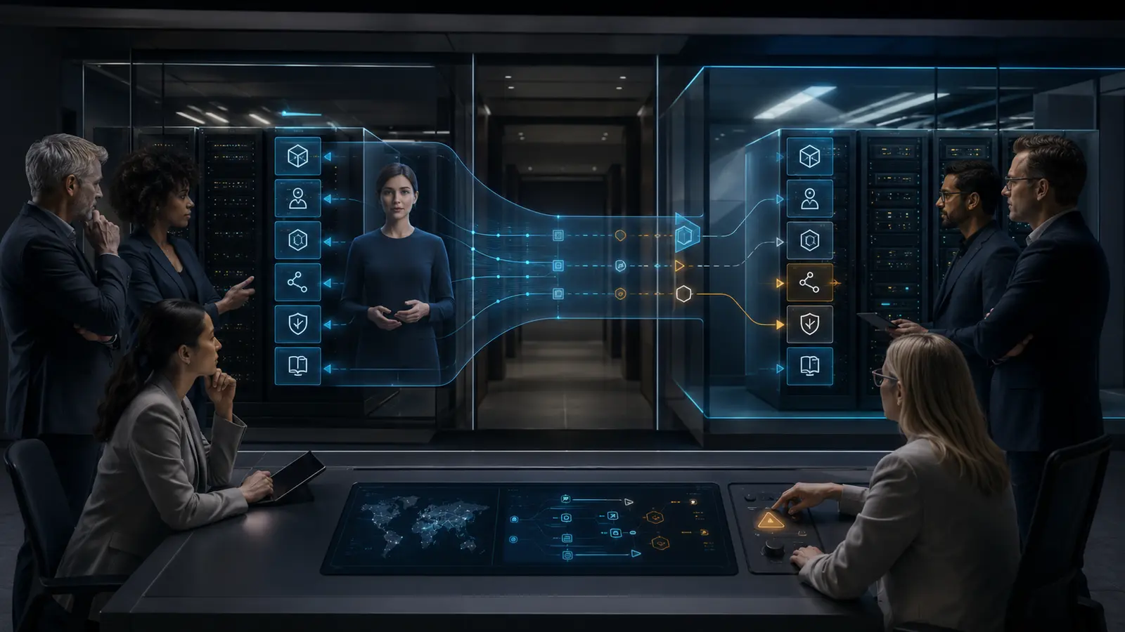 Enterprise architecture, procurement and security teams supervise an AI avatar transition between two private infrastructure environments.