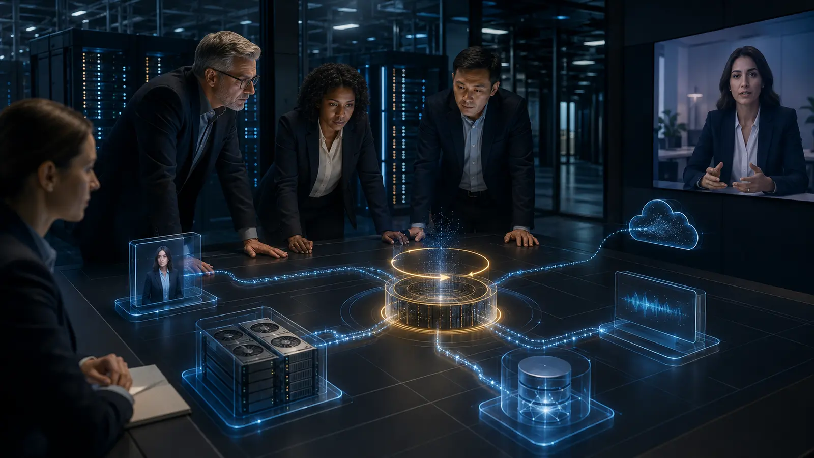 Bank and government security architects review customer-controlled keys linking a private AI avatar, GPUs, data and cloud services.