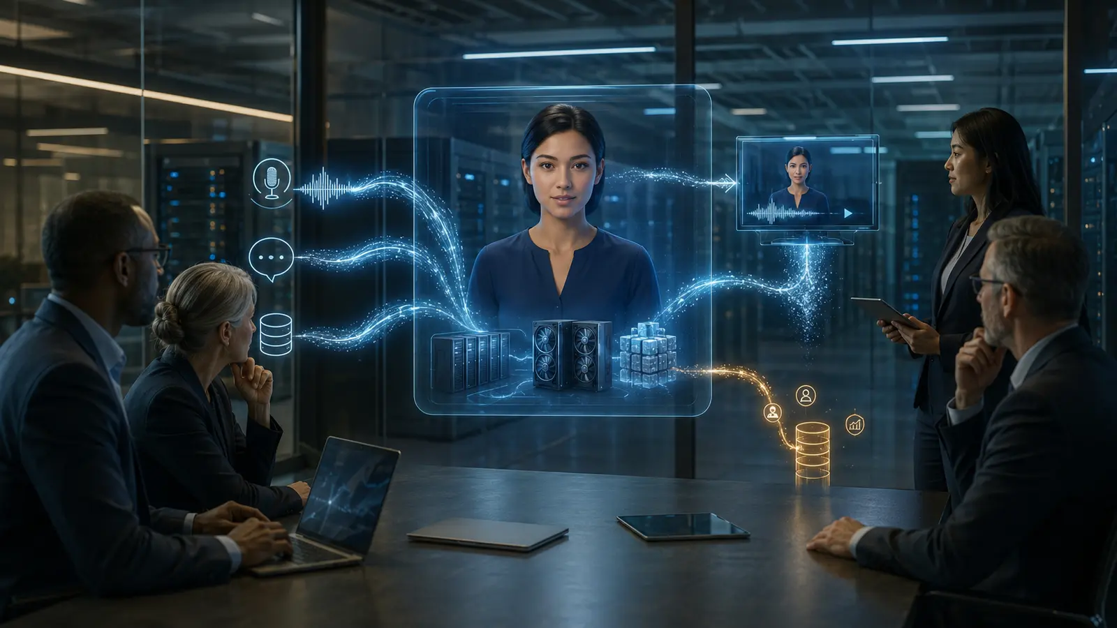 Enterprise architects review a private AI avatar pipeline where sensitive conversation data disappears after the live session while content-free audit signals remain.
