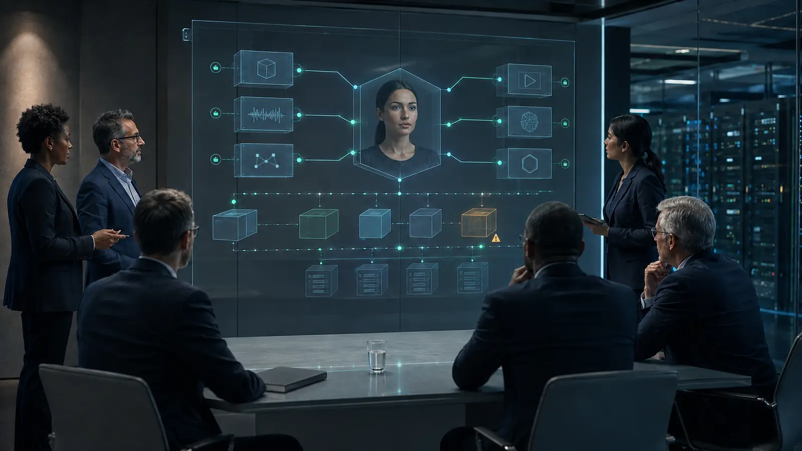 Enterprise architecture team reviewing a dependency map that connects a real-time AI avatar to speech, knowledge, rendering and private GPU components.