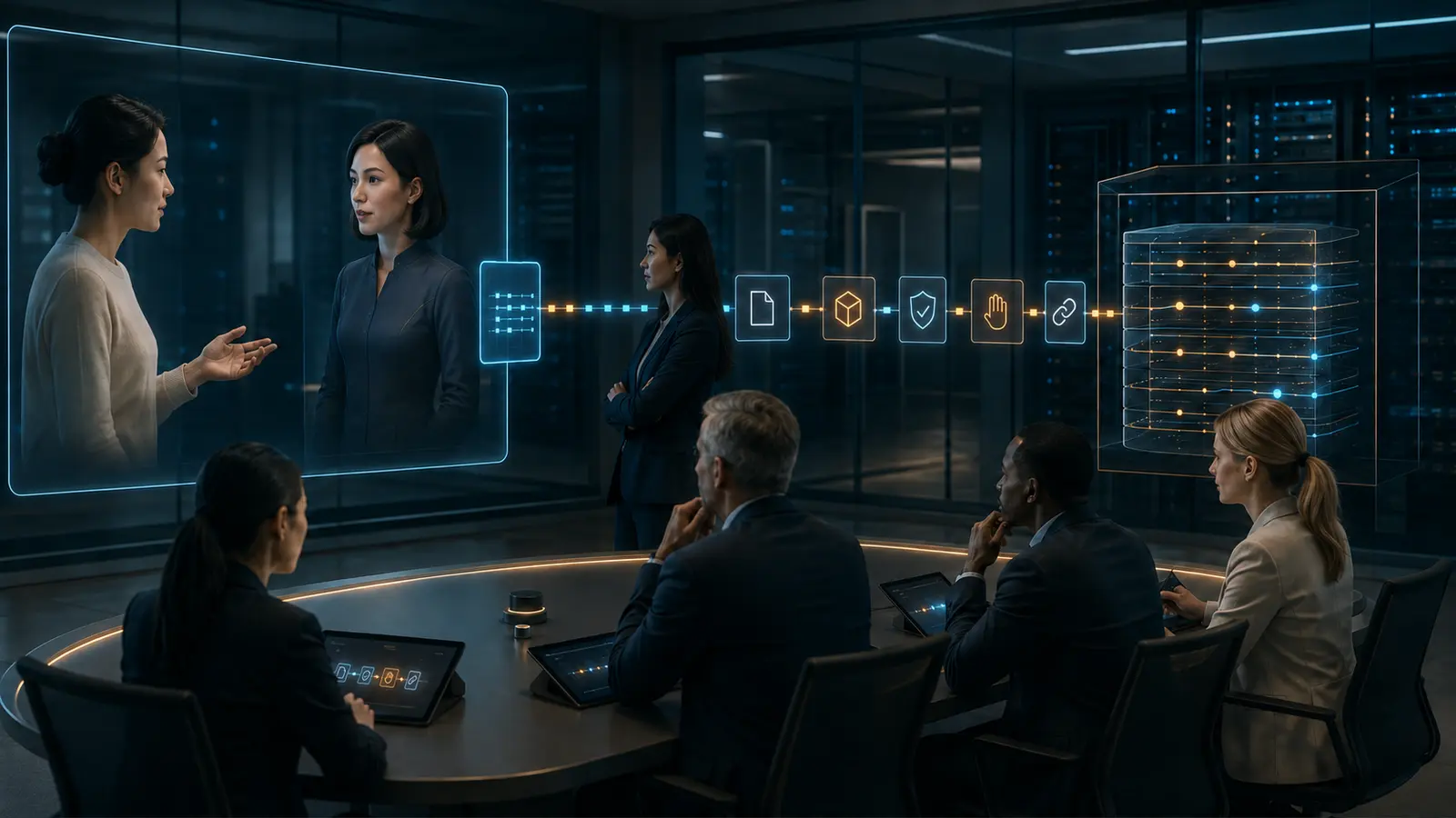 Enterprise governance team reviews a privacy-minimised evidence trail from a private real-time AI avatar