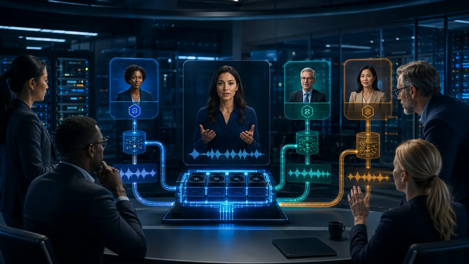 Enterprise security team reviews separate tenant and session channels sharing a private real-time AI avatar and GPU service