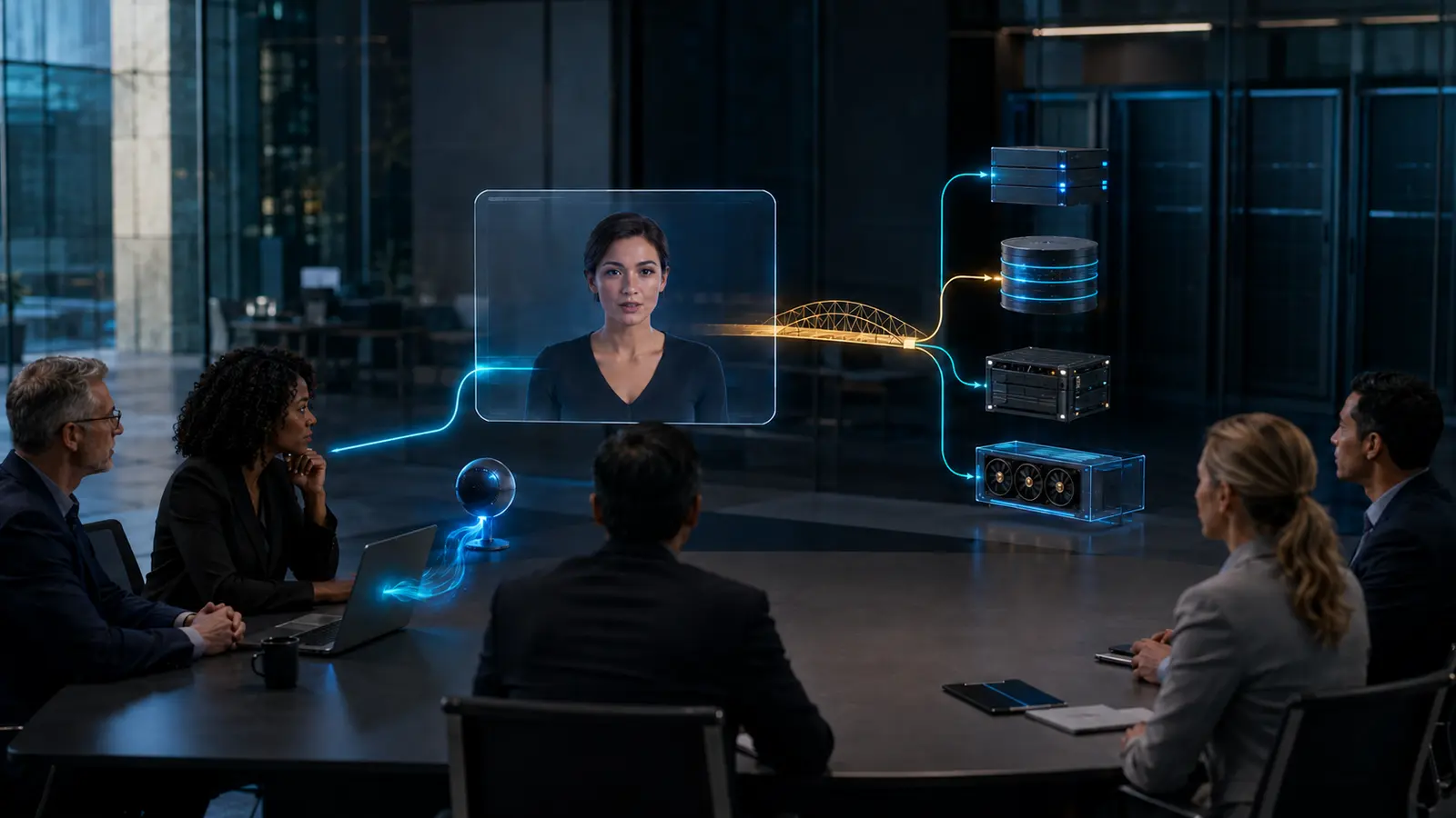 Enterprise security team reviewing an AI avatar session, a controlled reconnect path and coordinated teardown across media, private GPU and enterprise services.