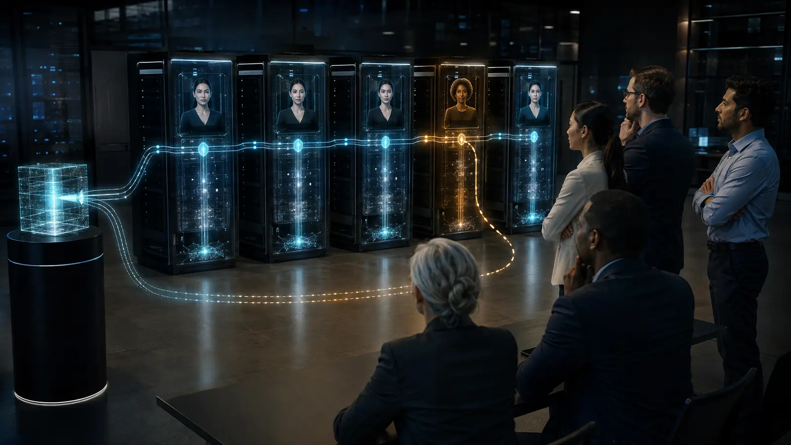 Enterprise team reviewing four aligned private AI avatar nodes and one amber configuration drift condition being reconciled safely.