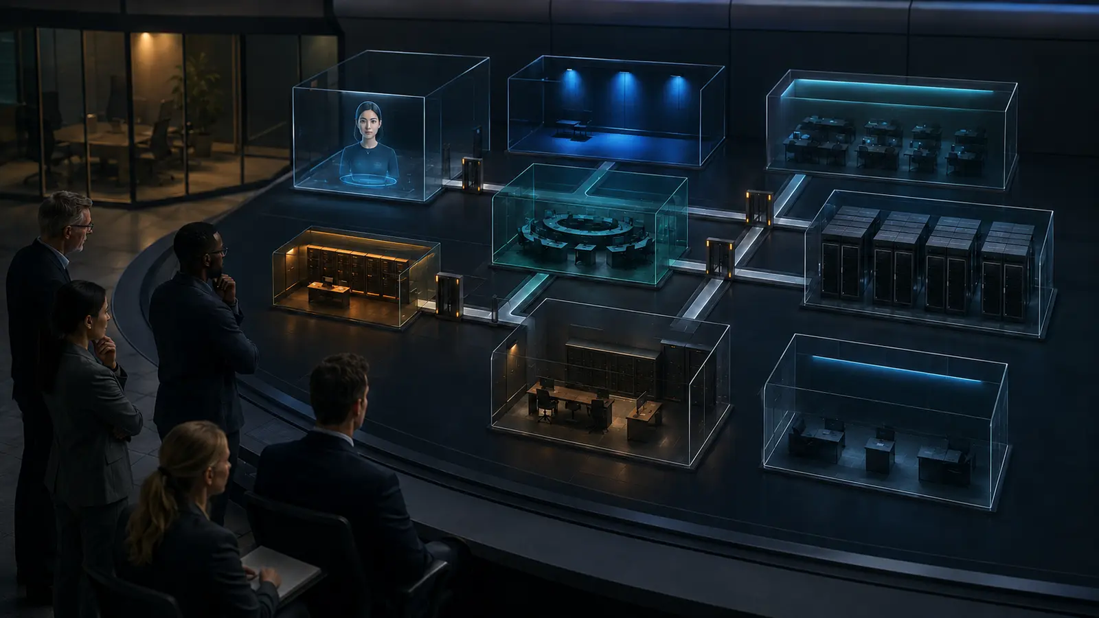 Enterprise security team reviewing seven separated trust zones and controlled pathways in a private real-time AI avatar deployment.
