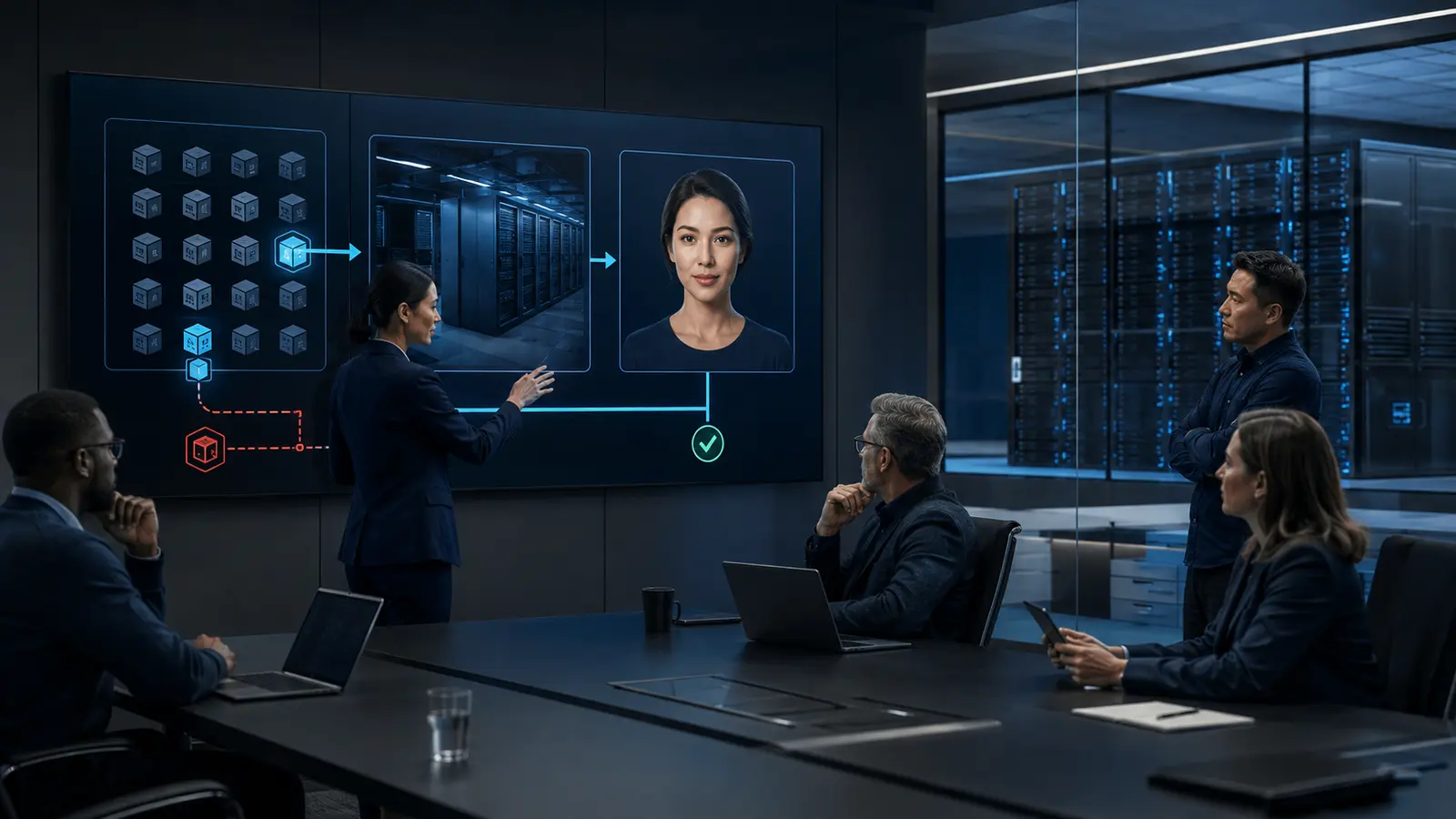 Enterprise security and infrastructure team reviewing a verified patch path into a private GPU-powered real-time AI avatar service.