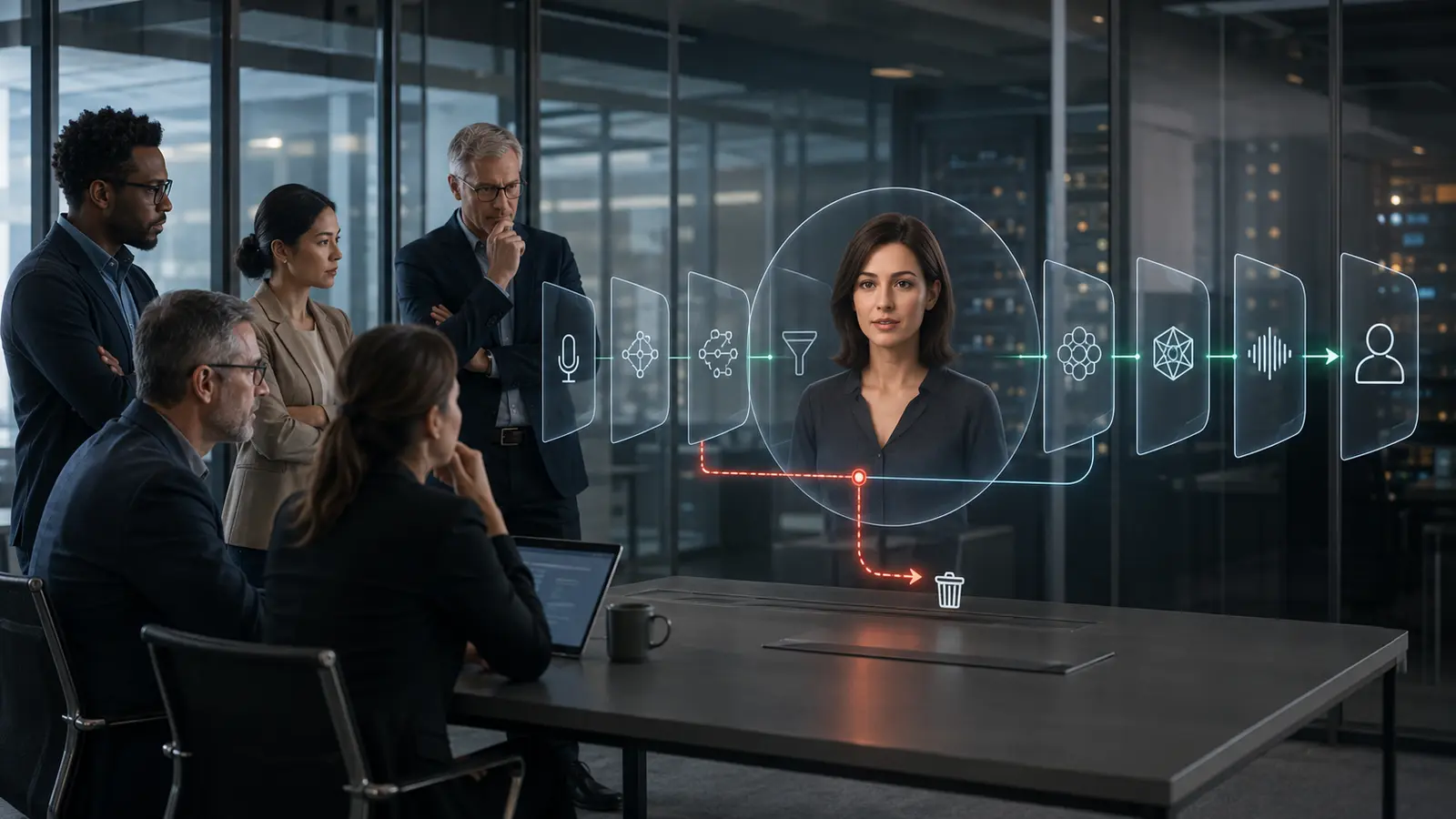 Enterprise security and architecture team reviewing layered guardrails around a private real-time AI avatar service.