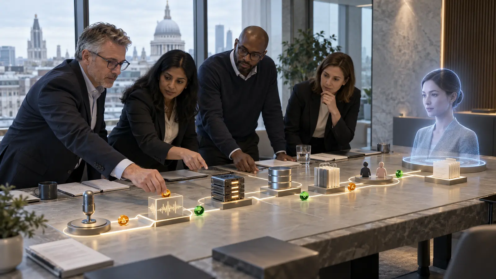 Privacy, architecture and risk team mapping personal-data flows through a real-time AI avatar system