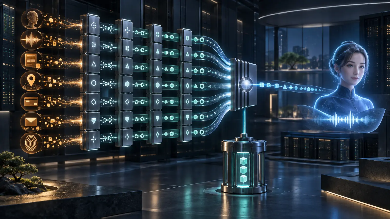 Seven sensitive-data paths transformed into protected tokens before reaching a real-time AI avatar, with an isolated re-identification vault.
