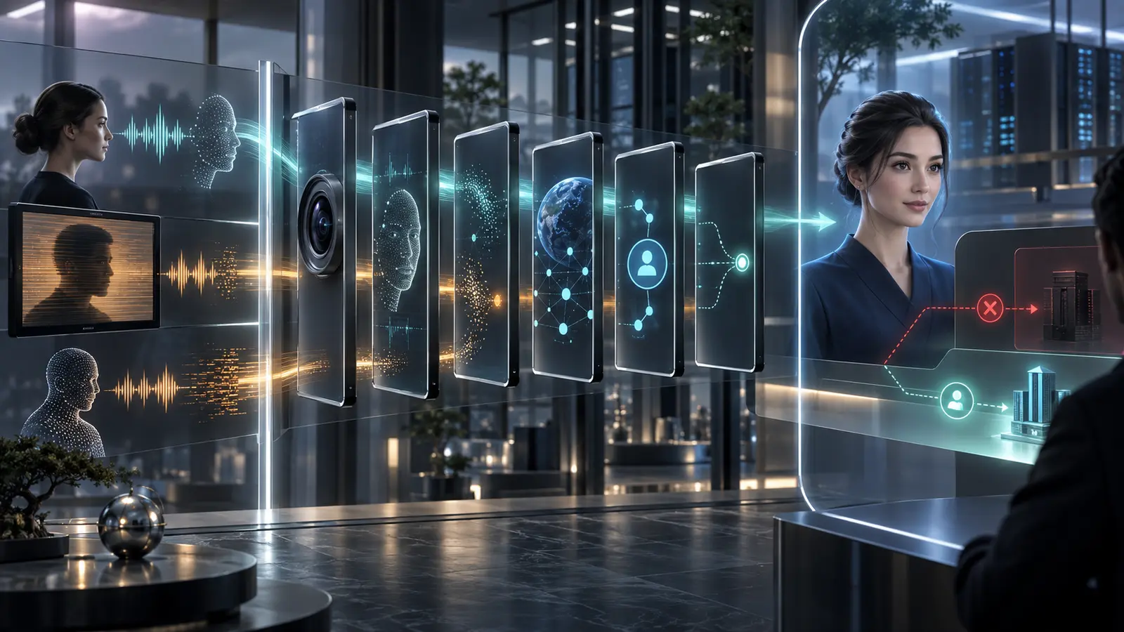 Genuine, replayed and injected face and voice signals pass through six security gates before reaching an AI avatar and protected business actions.