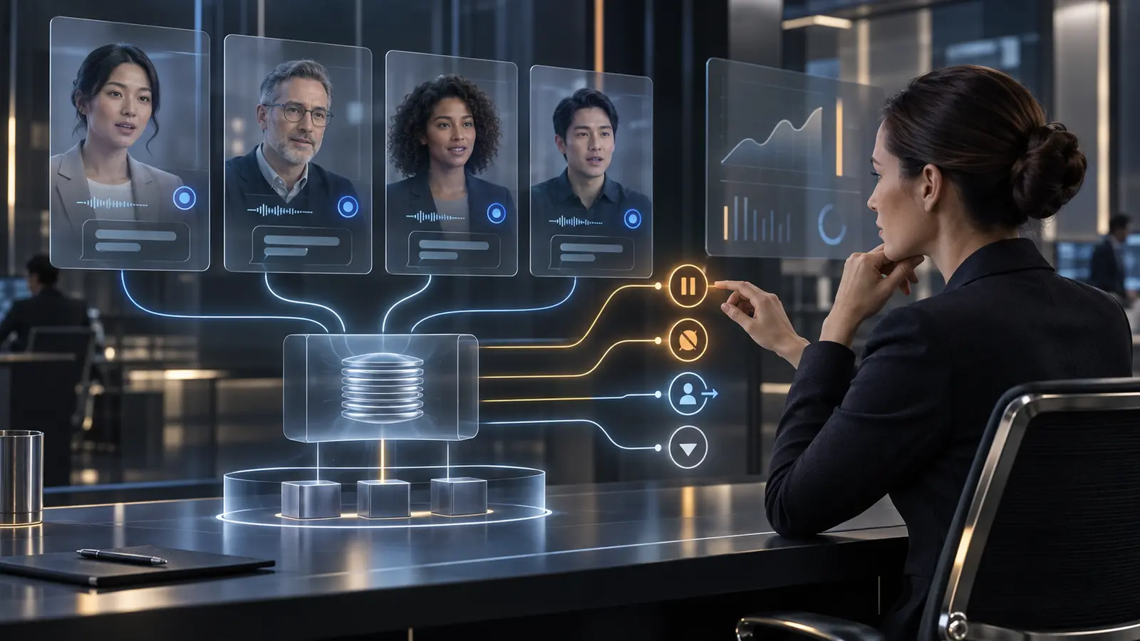Enterprise operator overseeing four live avatar sessions through a separate control plane with pause, restriction, takeover and safe-state paths.