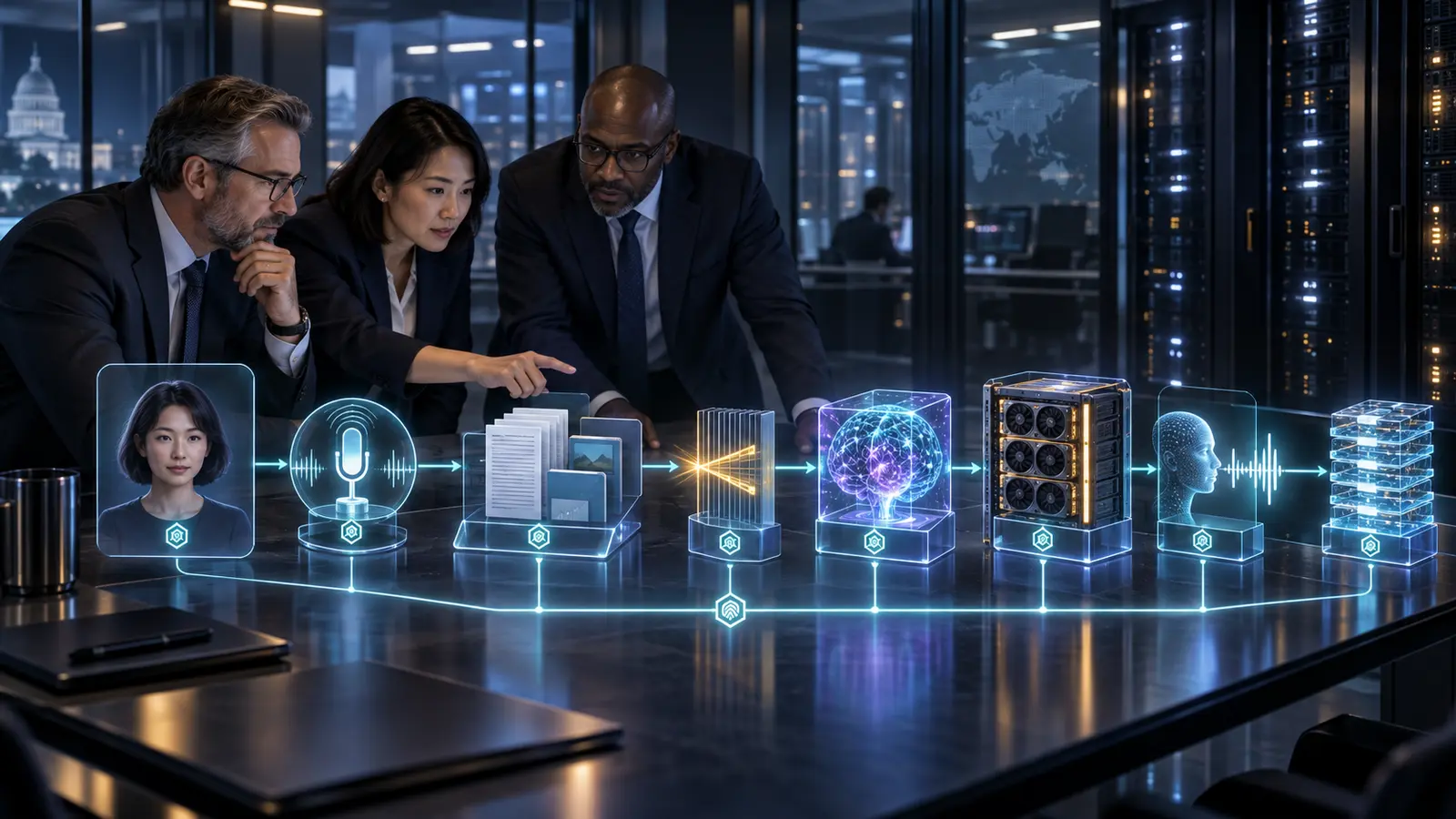 Enterprise architecture team reviewing one runtime fingerprint across an AI avatar, speech, knowledge, policy, model, GPU rendering and evidence trail.