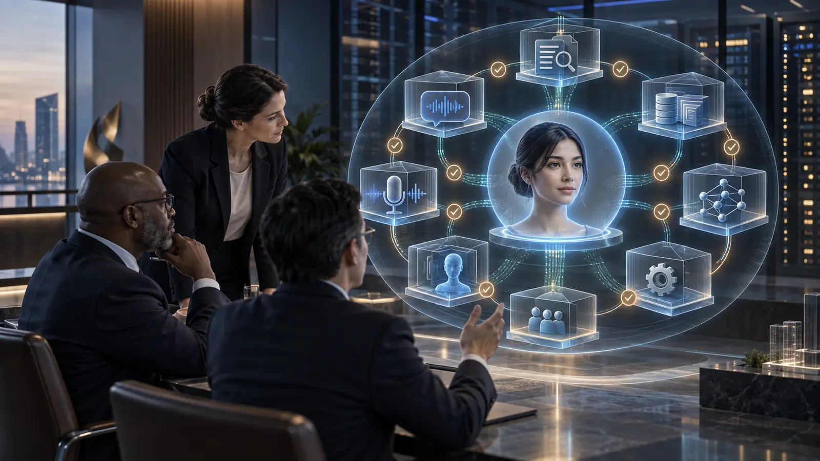Bank model-risk and architecture team reviewing speech, retrieval, reasoning, policy, voice and rendering components around a real-time AI avatar.