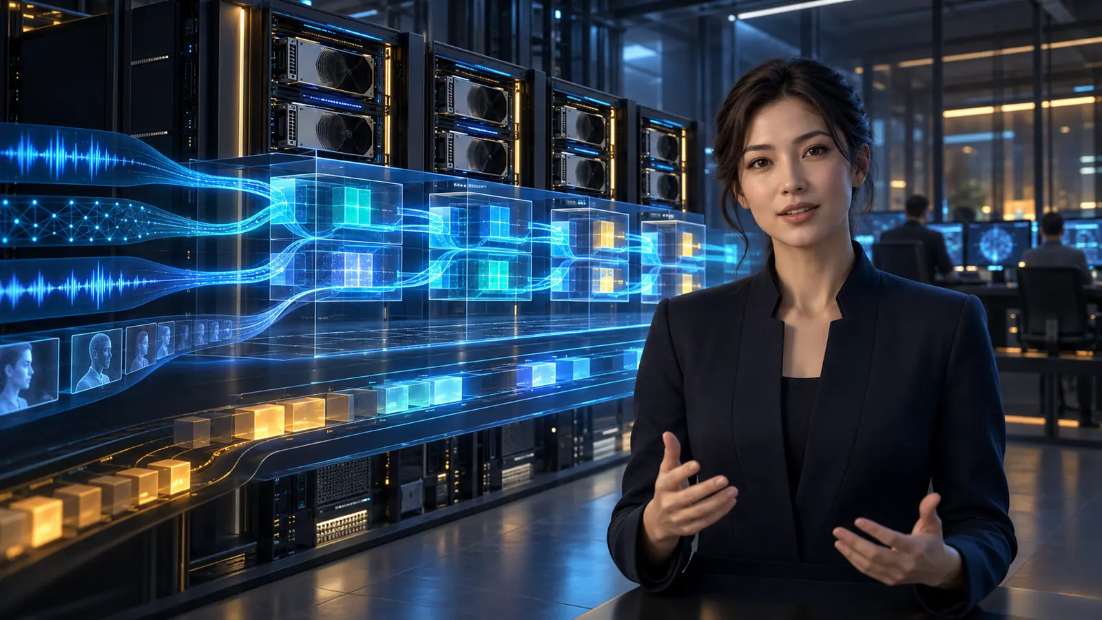 Enterprise architecture team reviewing prioritised real-time avatar workloads across a privately hosted GPU pool
