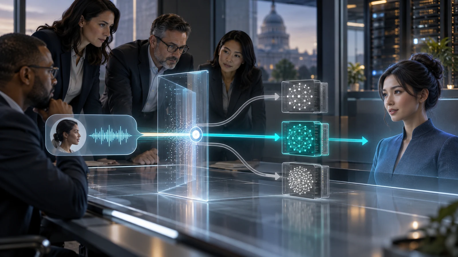 Enterprise team reviewing a policy-controlled route from one real-time avatar request to an approved private AI model