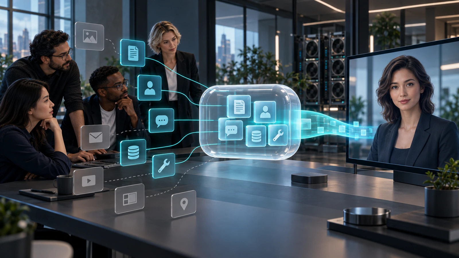 Enterprise architecture team reviewing the approved policy, identity, knowledge, tool and conversation context assembled for one AI avatar turn