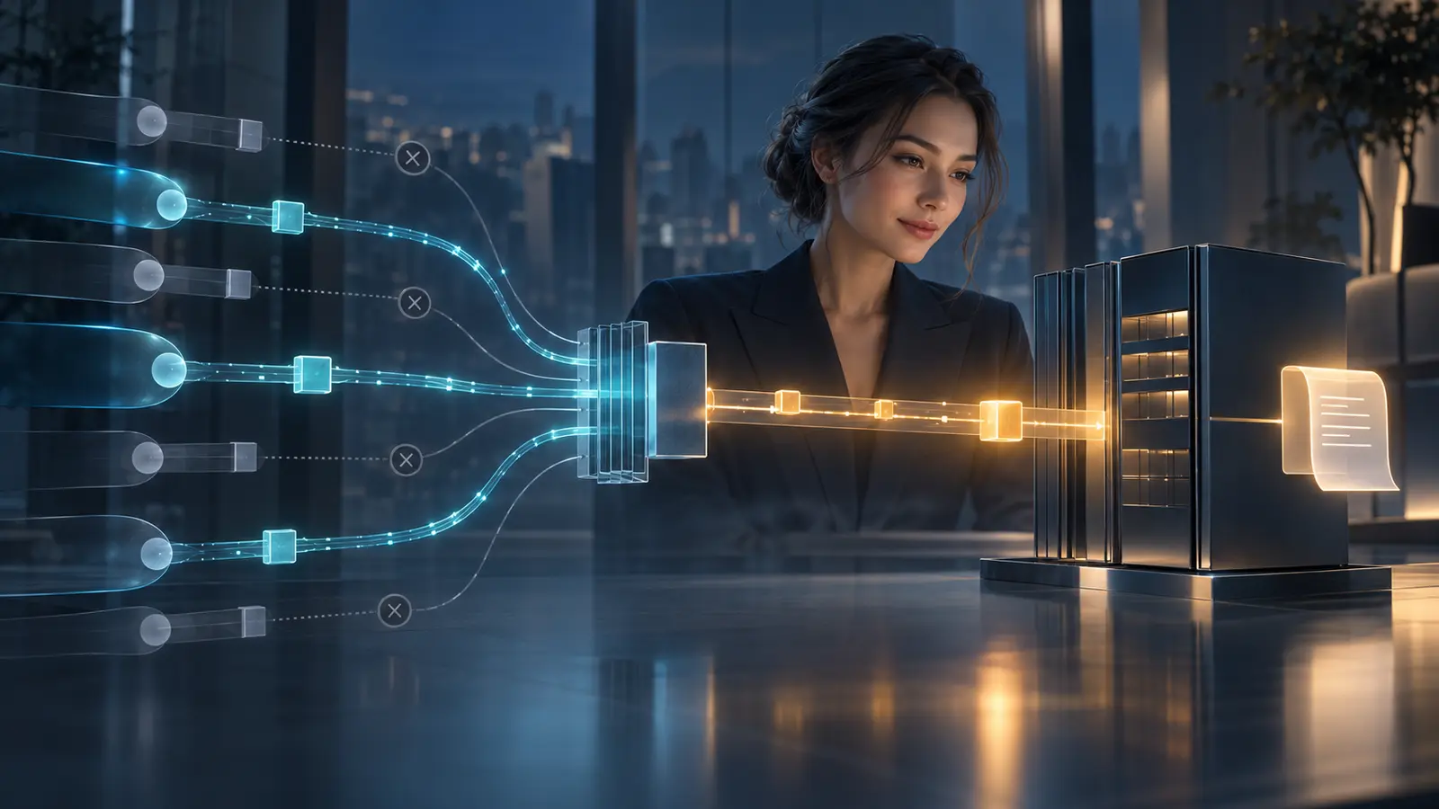 An enterprise AI avatar routes repeated requests through one idempotent action ledger so only a single business transaction is committed.