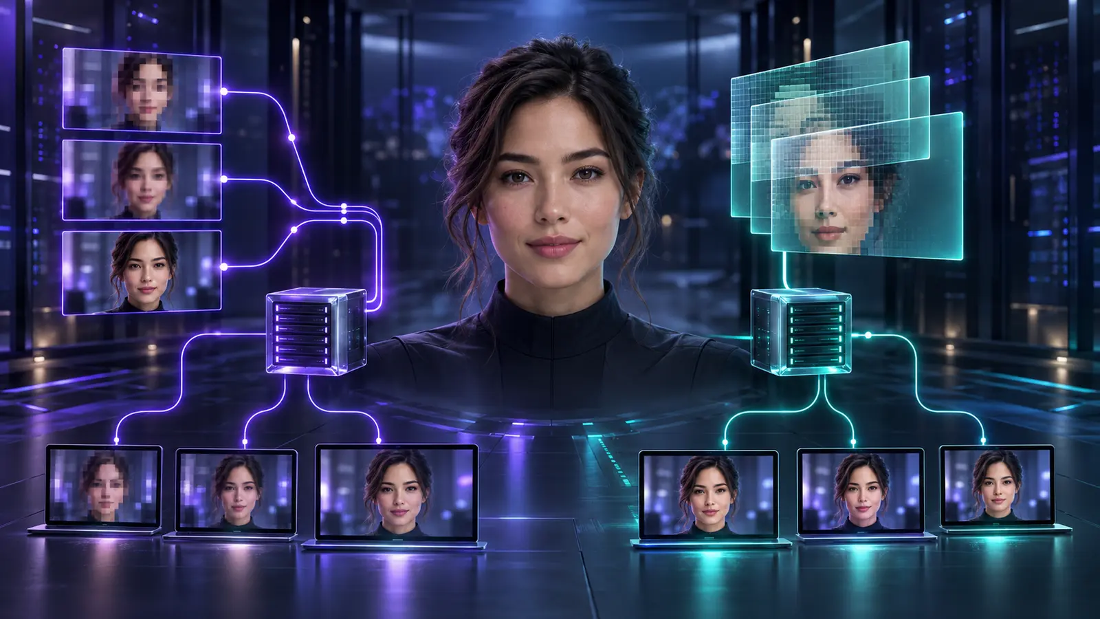 A real-time AI avatar is encoded as three independent video streams on one side and a single layered stream on the other.