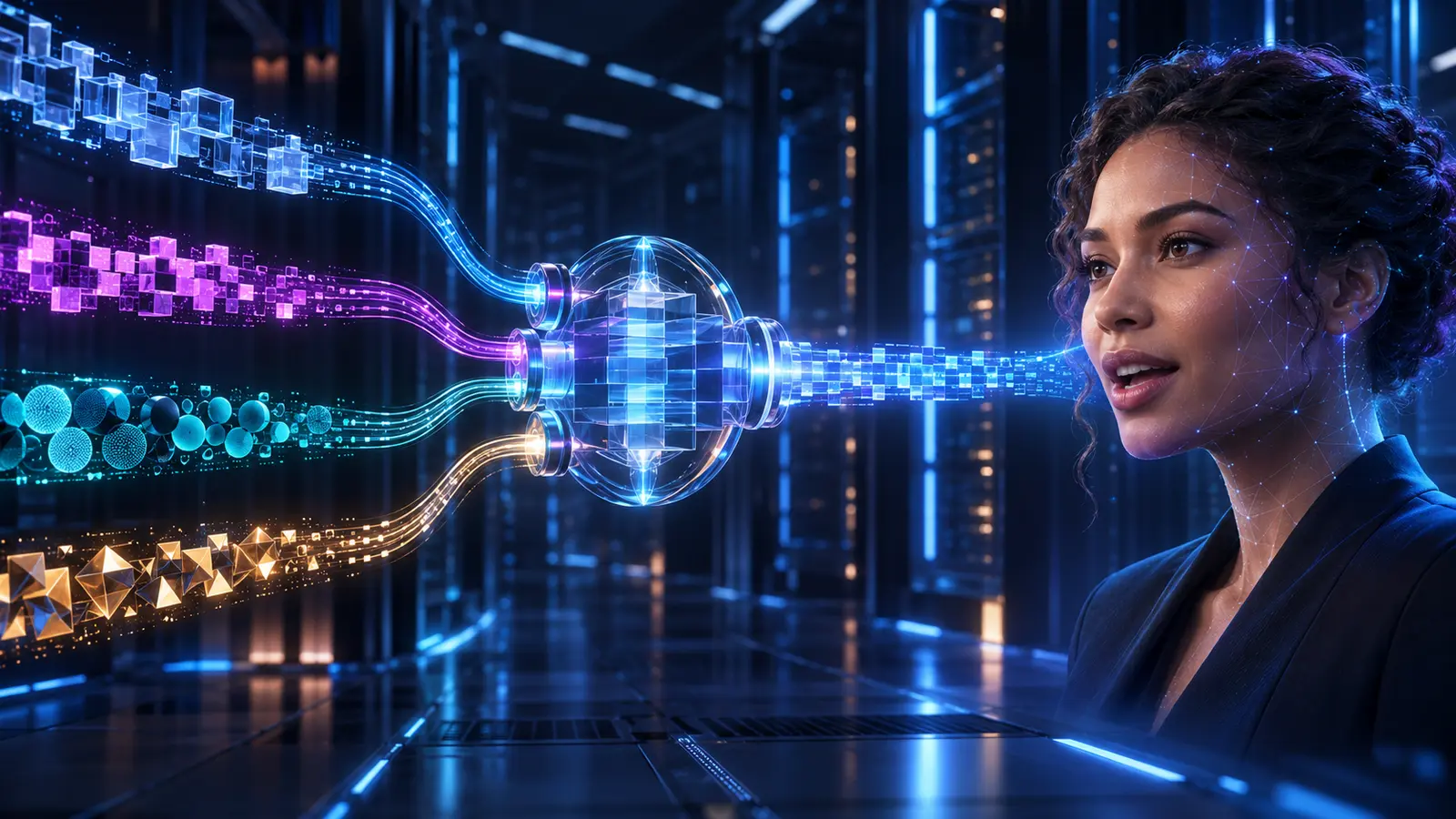 Four encoded video paths converge through a negotiation gateway into one verified stream for a real-time AI avatar.