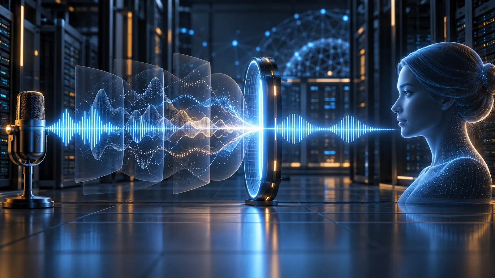A microphone waveform passes through evolving recognition layers and a verification gate before reaching a real-time AI avatar.