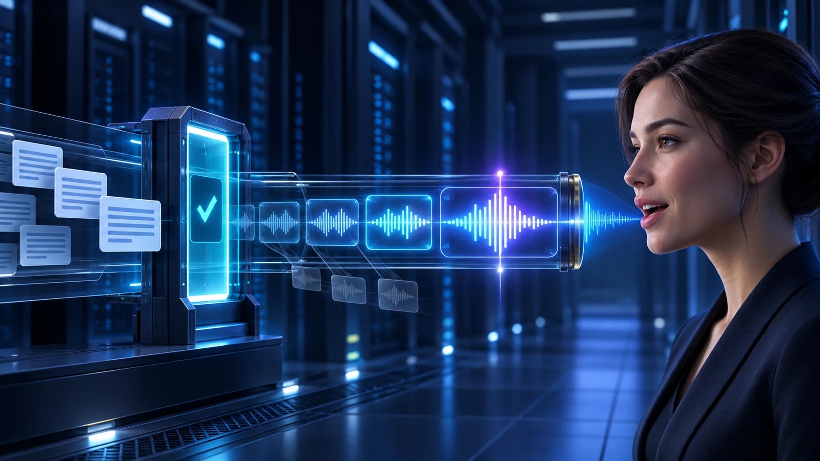 Approved text passes through a verification gate and becomes a streaming audio waveform spoken by a real-time AI avatar.